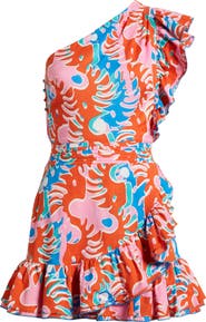 Poupette St Barth Corinne Abstract Print One-Shoulder Cotton Cover-Up Minidress