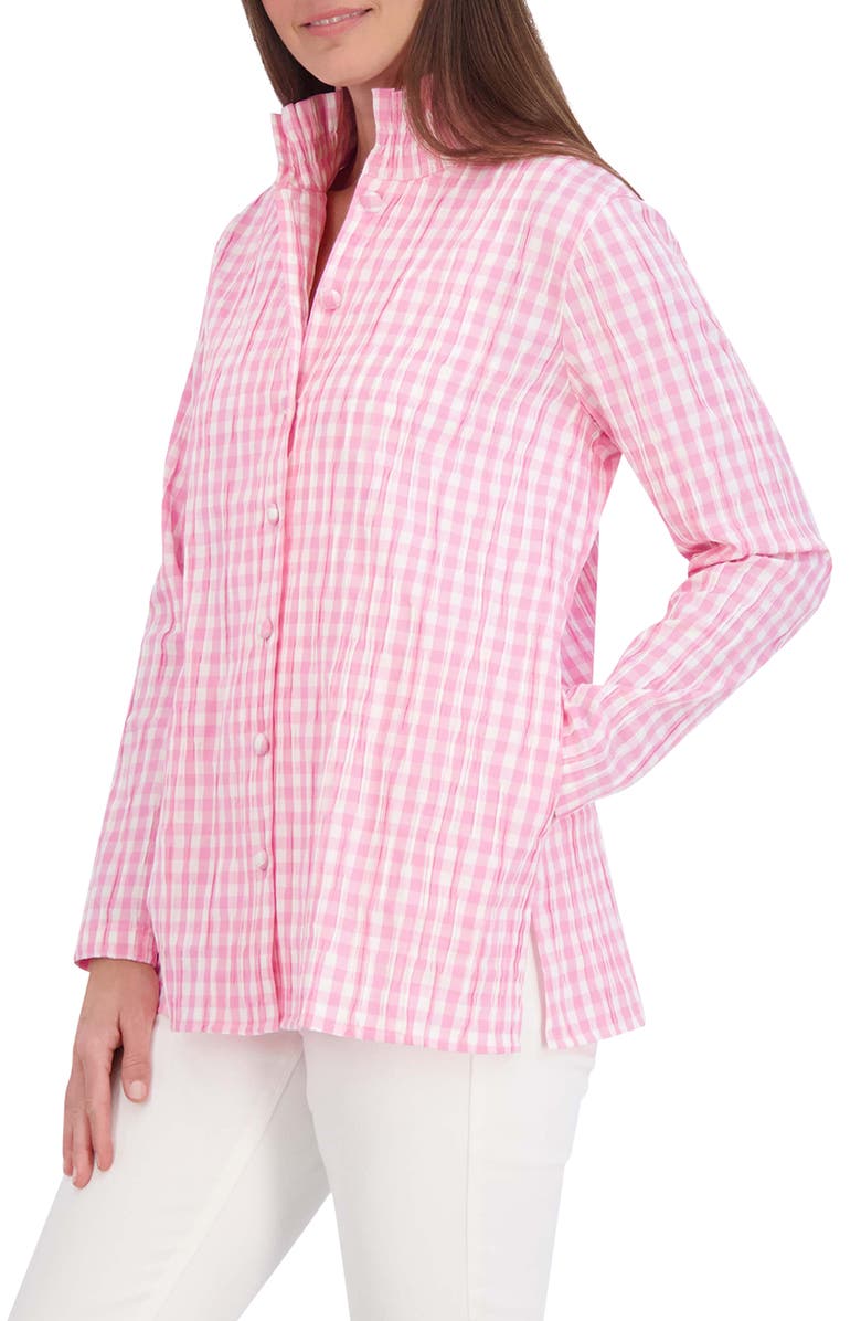 Foxcroft Carolina Crinkled Gingham Cotton Blend Button-Up Shirt, Alternate, color, 