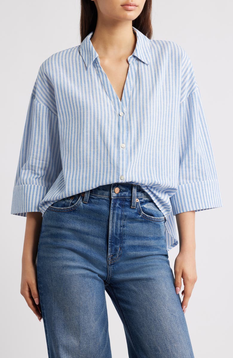 Friends Like These Stripe Cotton & Linen Shirt, Main, color, Blue