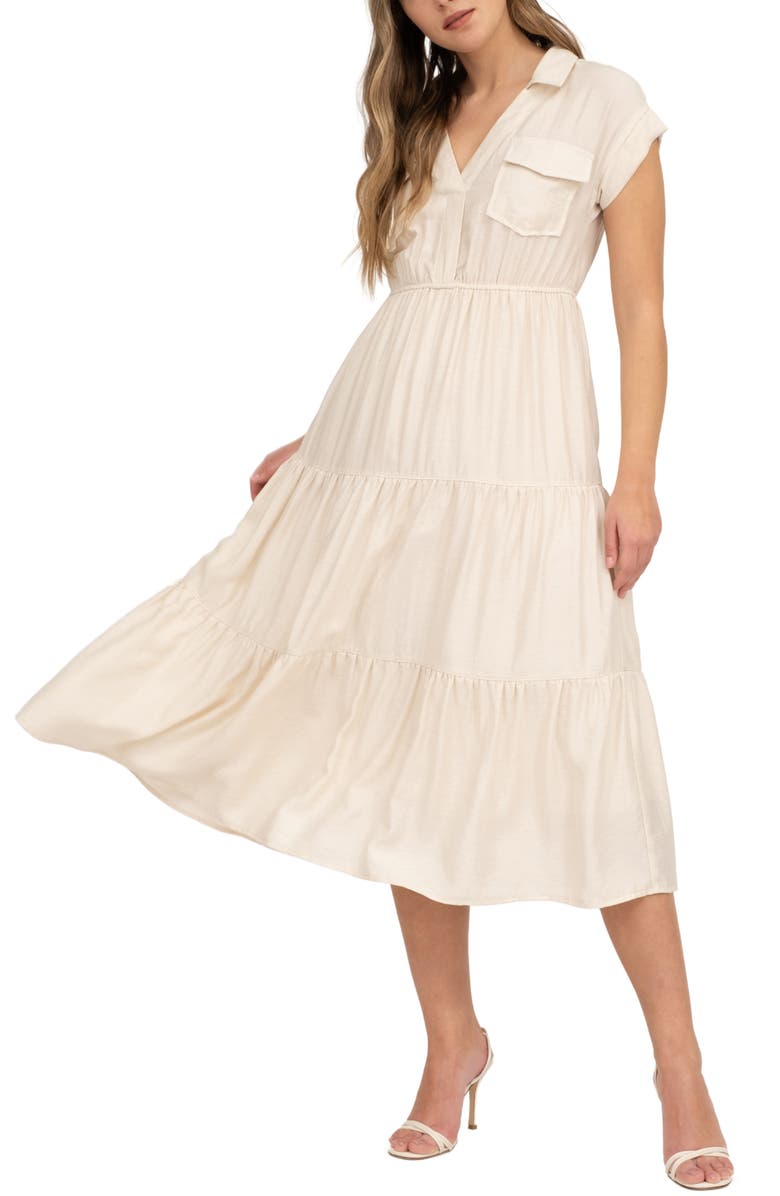 AUGUST SKY Short Sleeve Tiered Shirtdress, Alternate, color, Natural