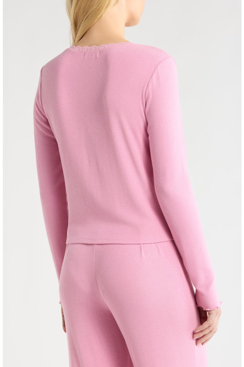 Daydream Lace Trim Rib Button-Up Lounge Top, Alternate, color, PINK STORM
