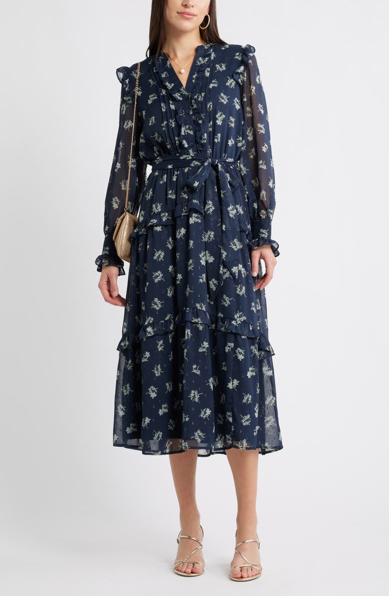 Caslon<sup>®</sup> Floral Fil Coupé Long Sleeve Midi Dress, Alternate, color, Navy Mathilde Floral