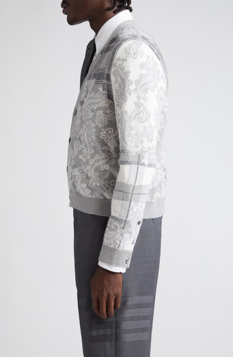 Thom Browne Fun-Mix Tartan Check & Paisley V-Neck Virgin Wool Cardigan, Alternate, color, 