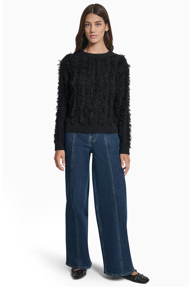 Fringed Cotton Blend Sweater, Alternate, color, BLACK