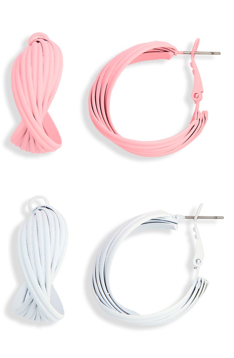 NATASHA 2-Pack Twisted Hoop Earrings, Main, color, White/ Pink