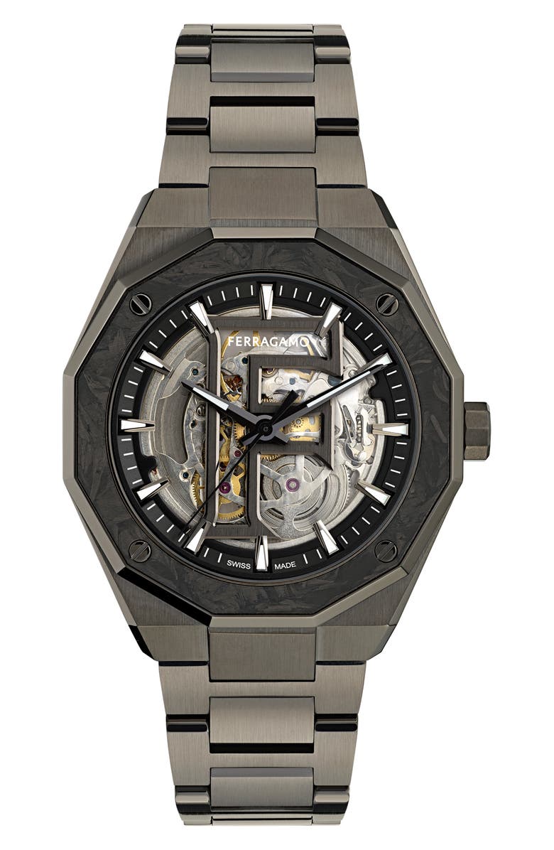 FERRAGAMO Edge Skeleton Automatic Bracelet Watch, 42mm, Main, color, Ip Gunmetal