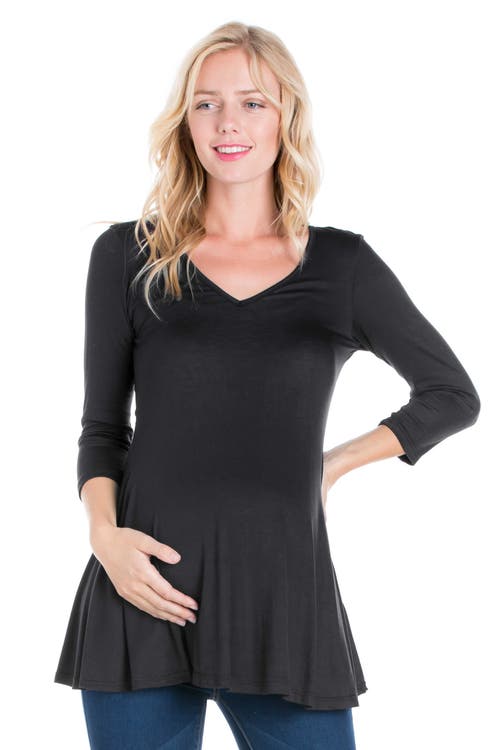 24seven Comfort Apparel Three Quarter Sleeve V-neck Maternity Tunic Top In Black