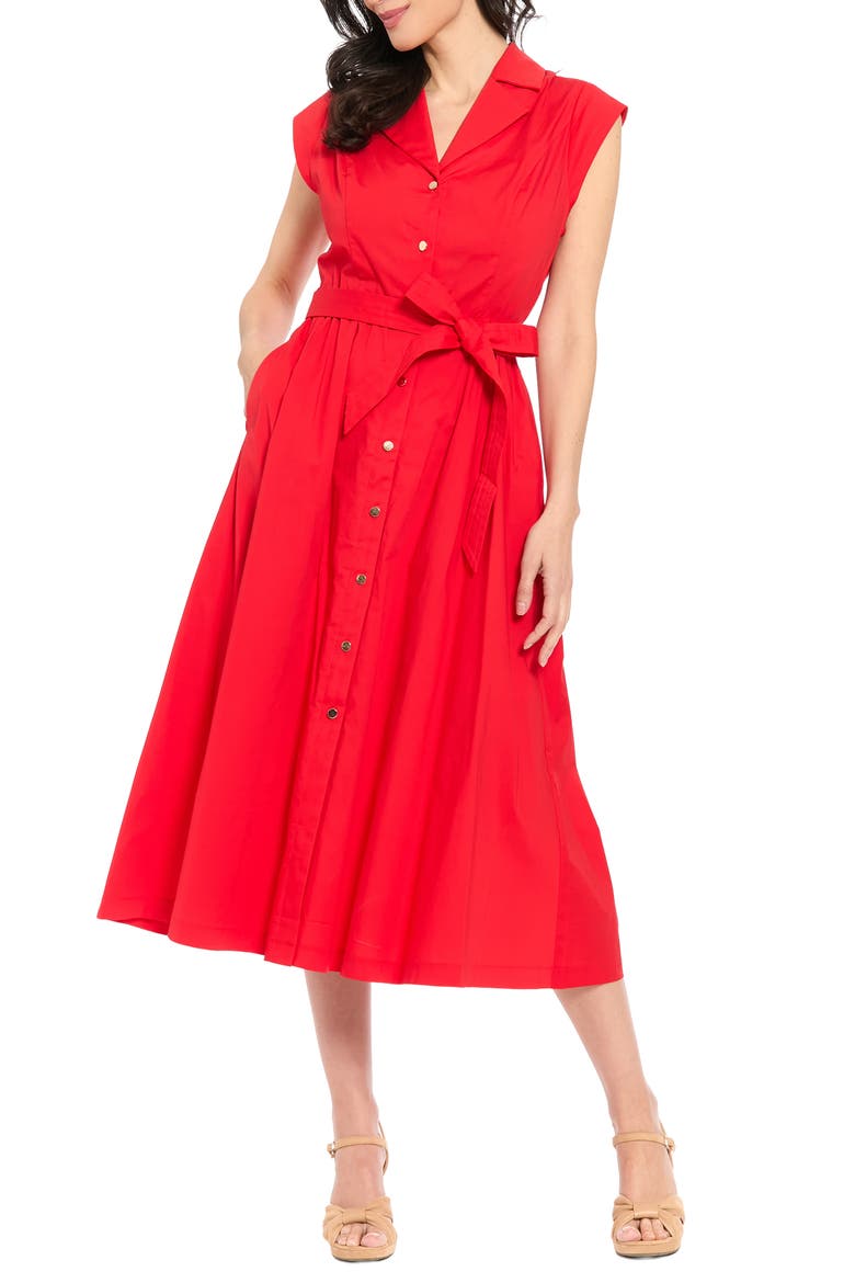 Tie Waist Cap Sleeve Shirtdress, Main, color, FLAME SCARLET