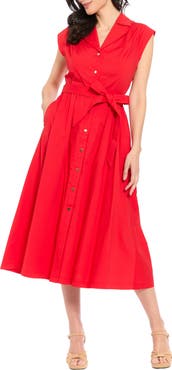 London Times Tie Waist Cap Sleeve Shirtdress