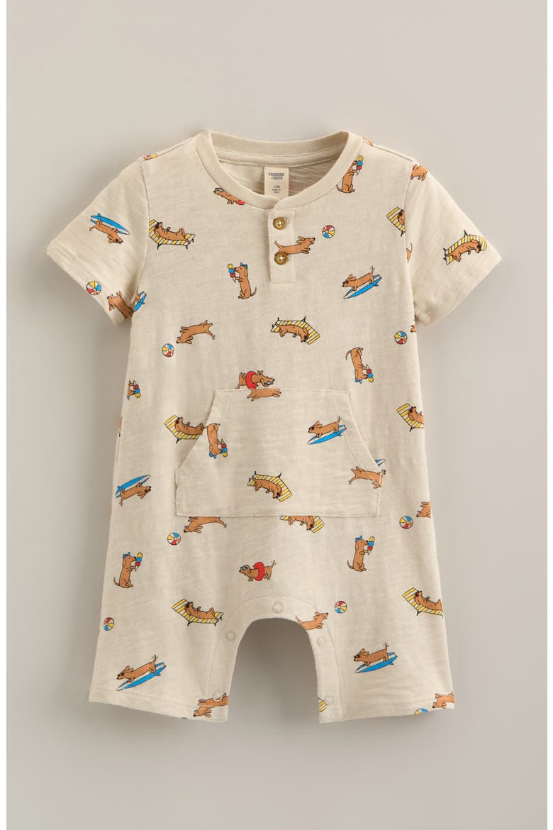 Henley Pocket Romper, Main, color, BEIGE OATMEAL SUMMER DOGS