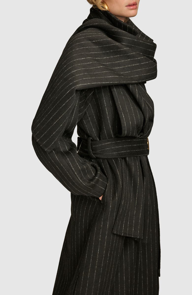 Donna Karan New York Wool Blend Coat with Scarf, Alternate, color, Black Chalkstripe