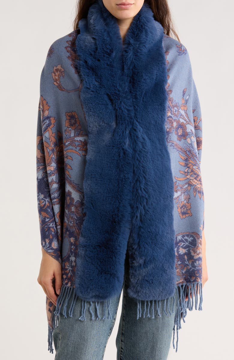 La Fiorentina Floral Print Faux Fur Trim Wrap, Main, color, Blue