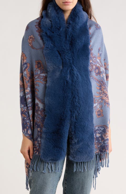 Floral Print Faux Fur Trim Wrap