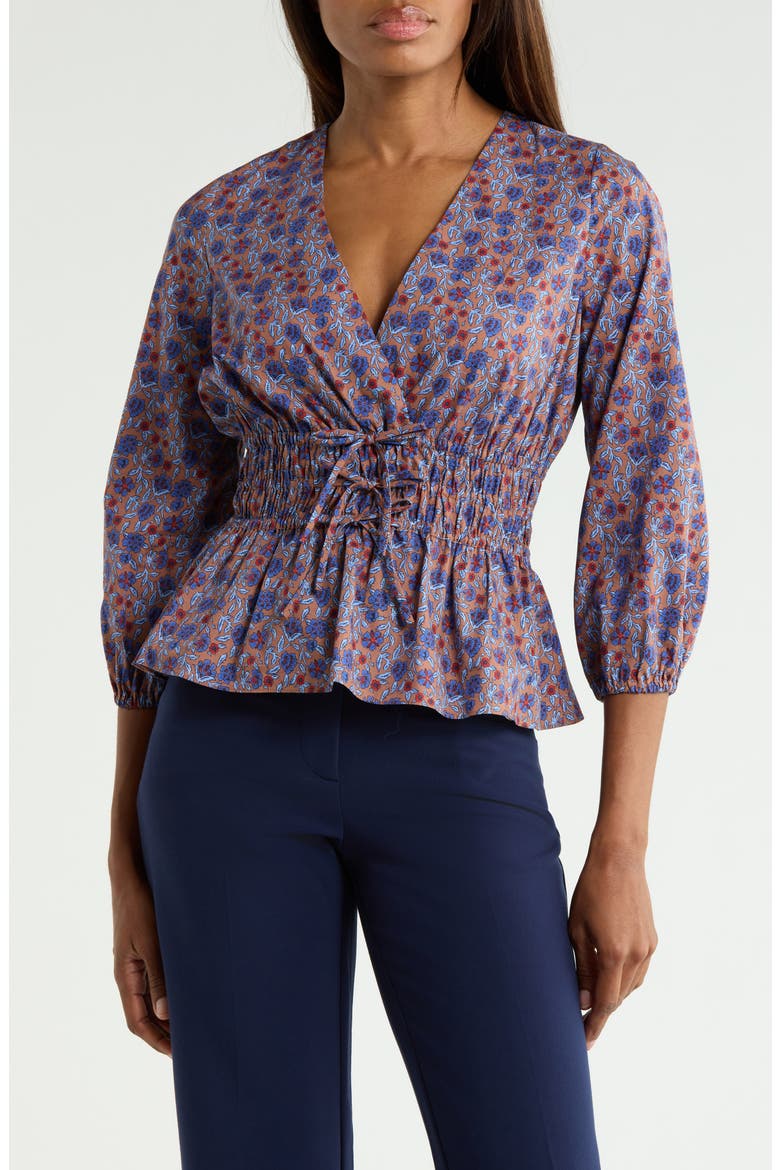 Lilith Floral Smocked V-Neck Top, Main, color, DARK MOCHA MULTI FLORAL