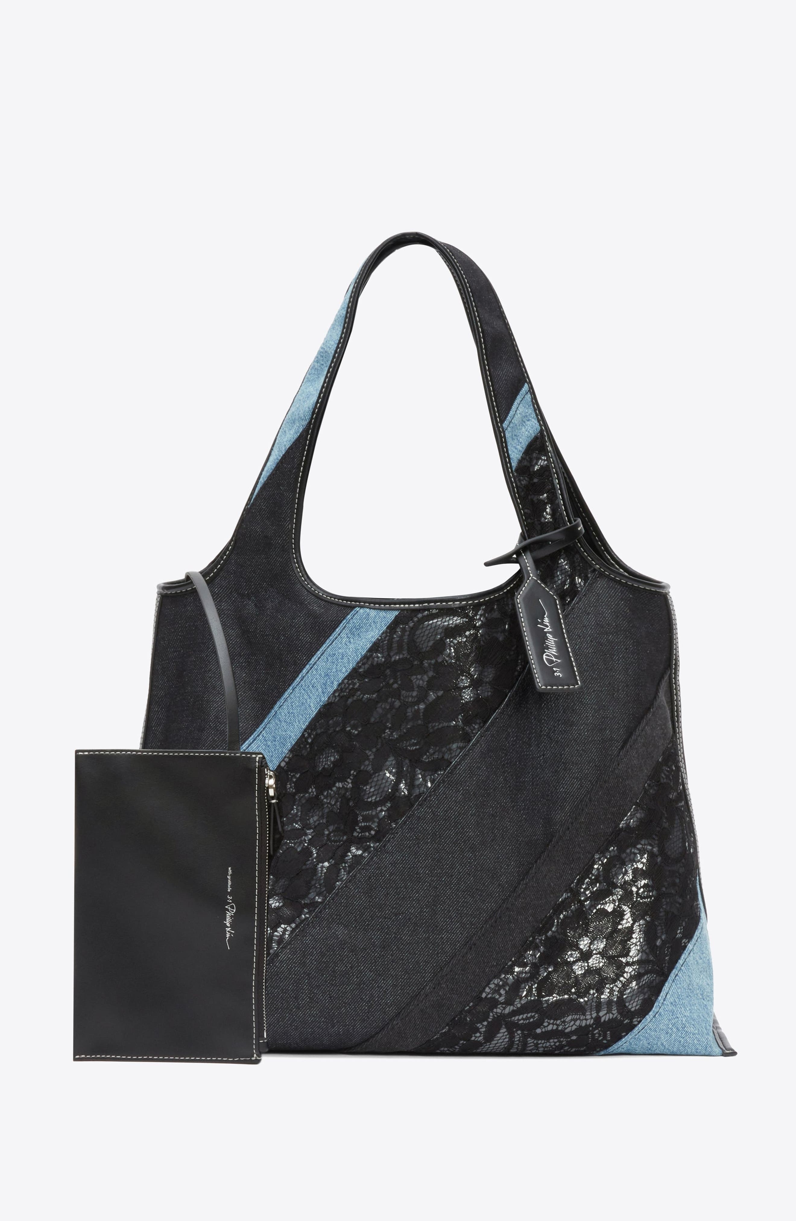 Lace Patchwork Denim Market Tote, Main, color, Black Multi
