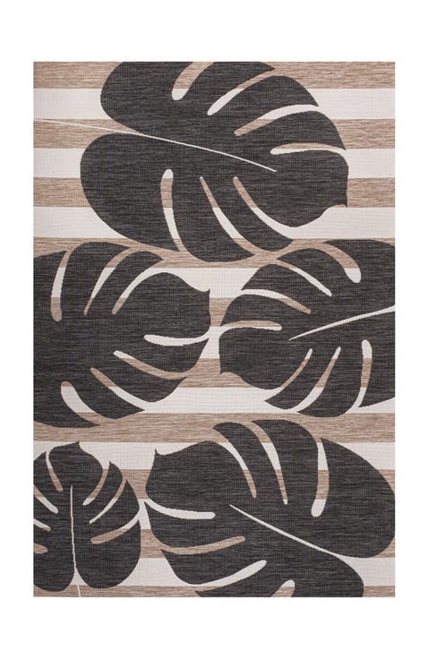 Allison Classic Beach Stripe and Monstera Leaf Indoor/Outdoor Area Rug