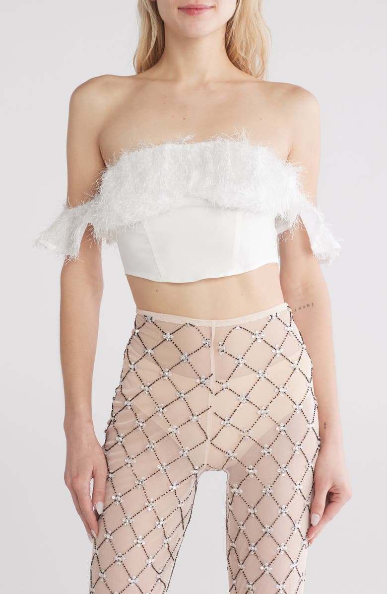 ASOS DESIGN Feather Trim Off the Shoulder Corset Crop Top, Main, color,