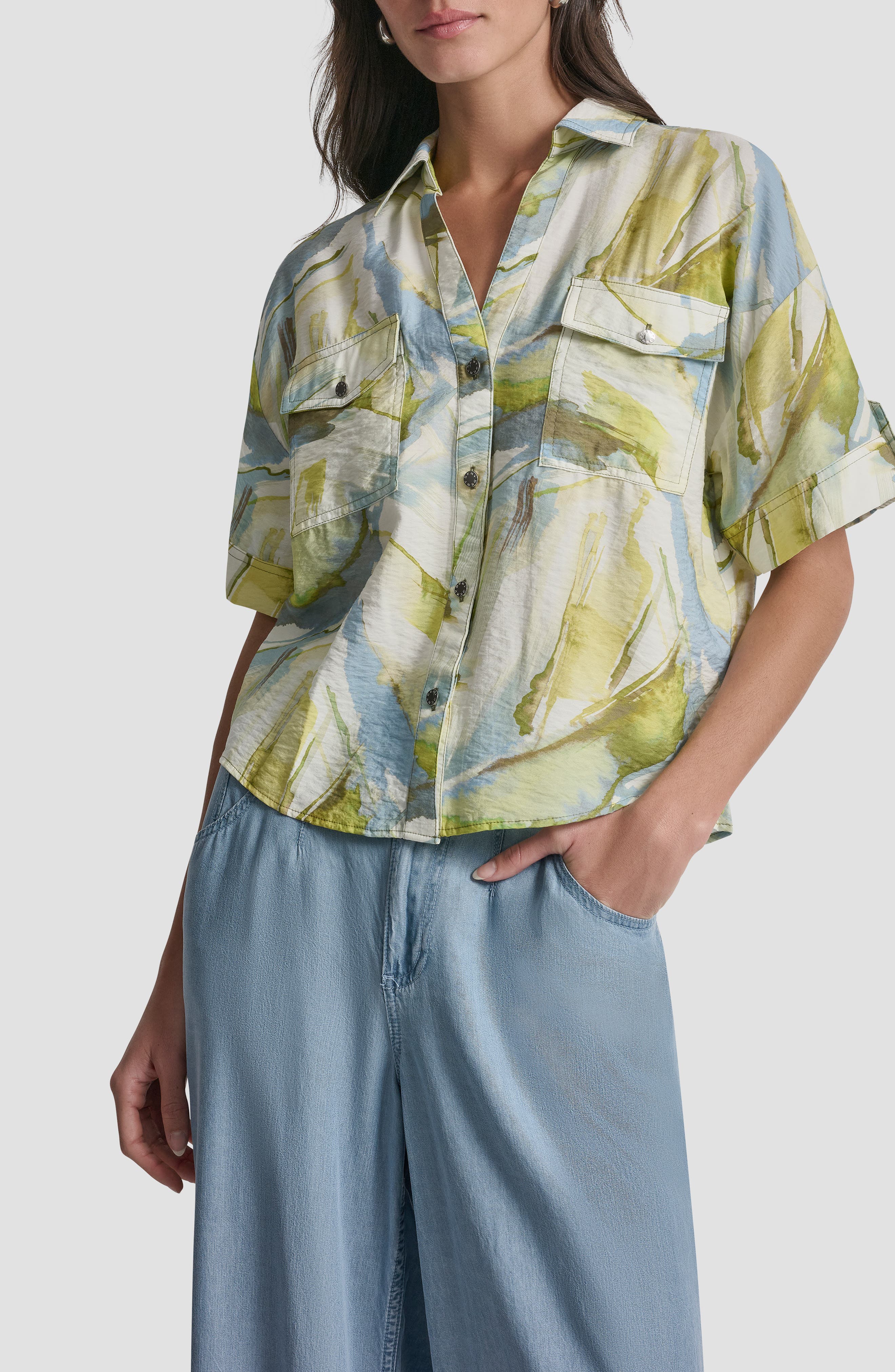Print Short Sleeve Roll Tab Shirt