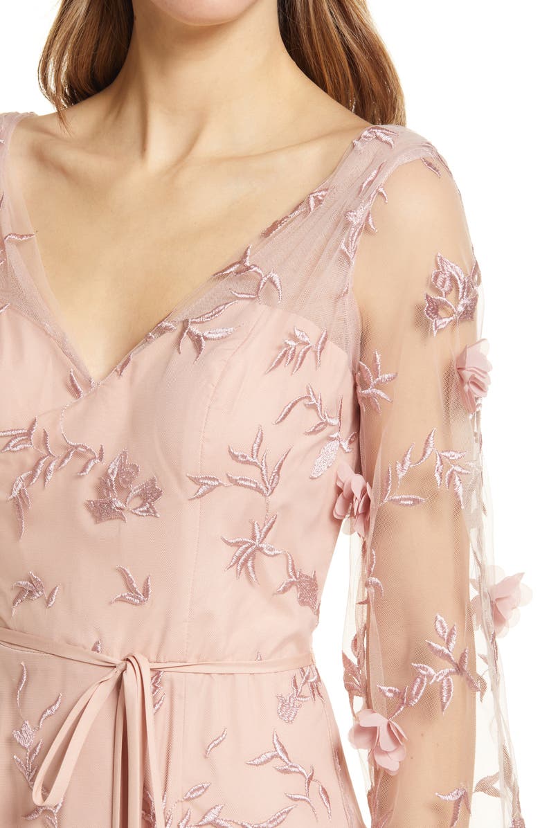 Marchesa Notte Embroidered Floral Appliqué Illusion Long Sleeve Sleeve Gown, Alternate, color,