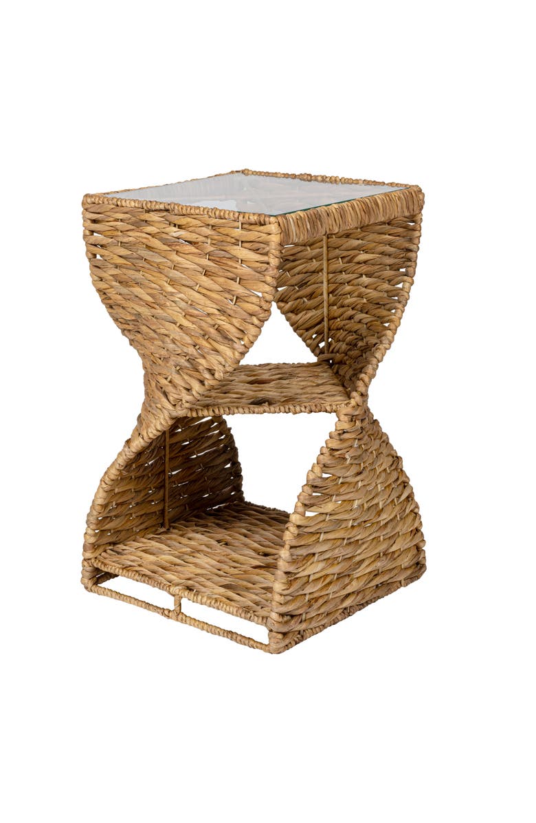 JONATHAN Y Suraya 14" Coastal Bohemian Handwoven Water Hyacinth Sculptural Twisted End Table with Glass Top and Storage Shelf, Main, color, Natural