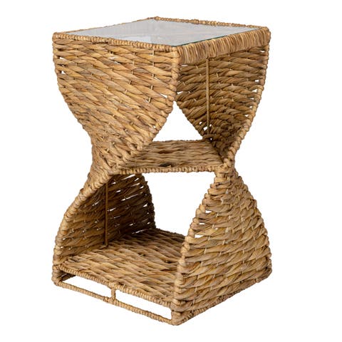 Suraya 14" Coastal Bohemian Handwoven Water Hyacinth Sculptural Twisted End Table with Glass Top and Storage Shelf