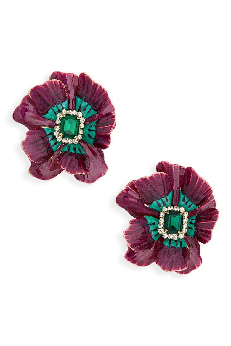 Crystal & Enamel Flower Statement Earrings, Main, color, BURGANDY