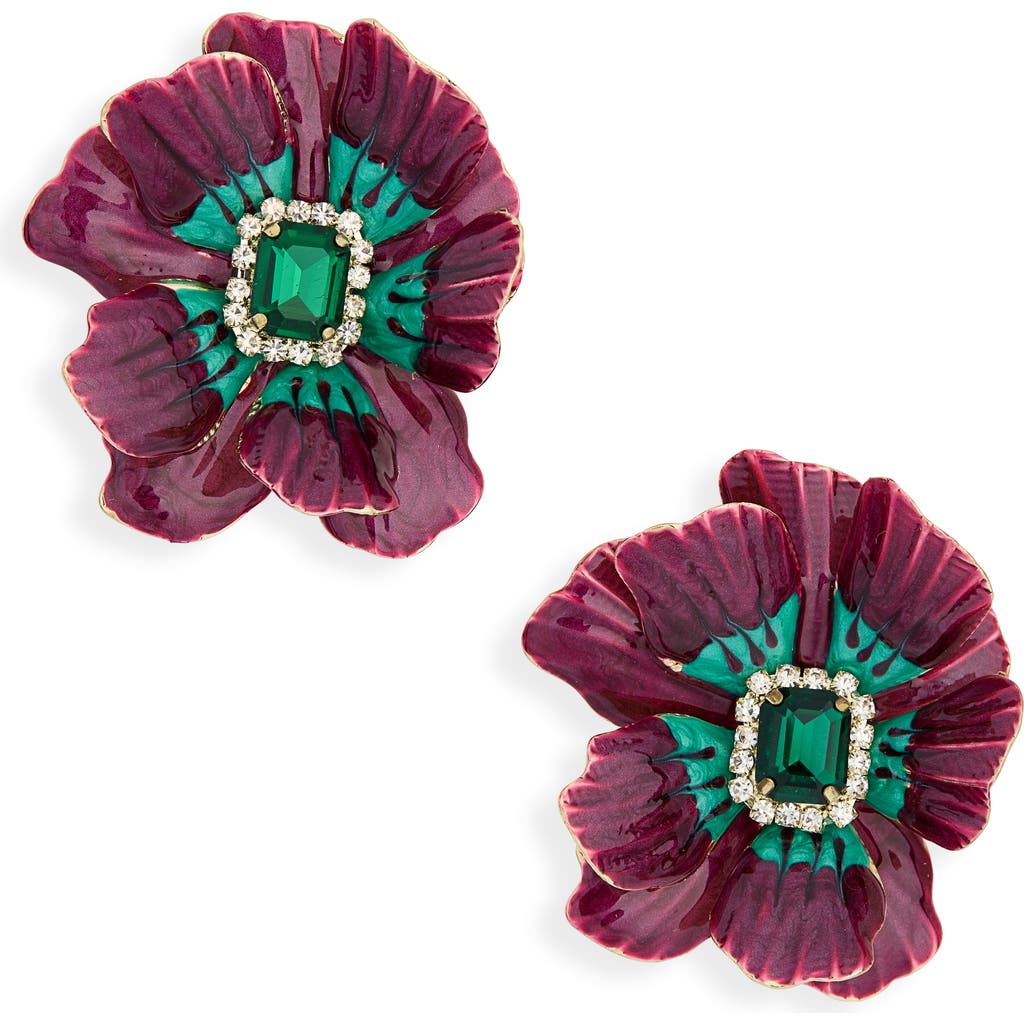 Tasha Crystal & Enamel Flower Statement Earrings In Burgandy