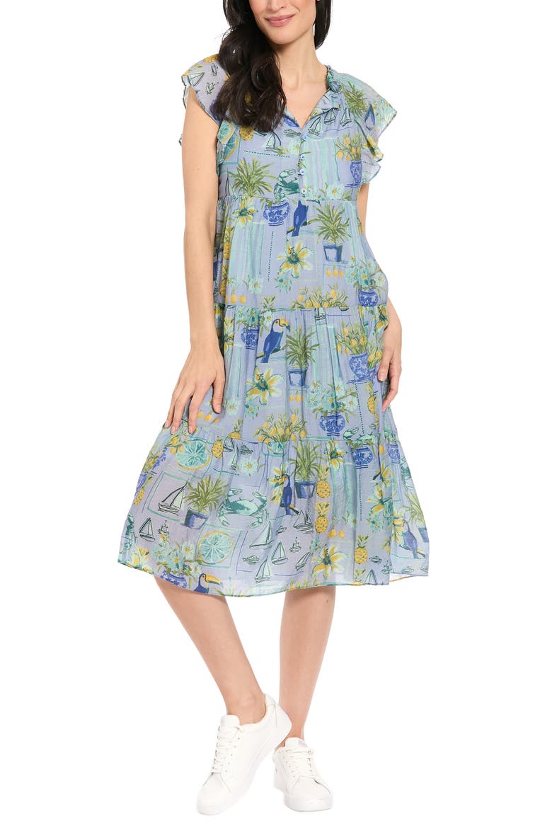 Flutter Sleeve Tiered Midi Dress, Main, color, RAIN WASHED/HARBOR BLUE