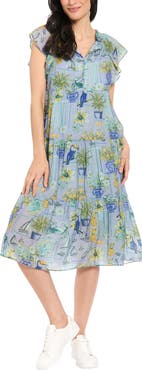 London Times Flutter Sleeve Tiered Midi Dress