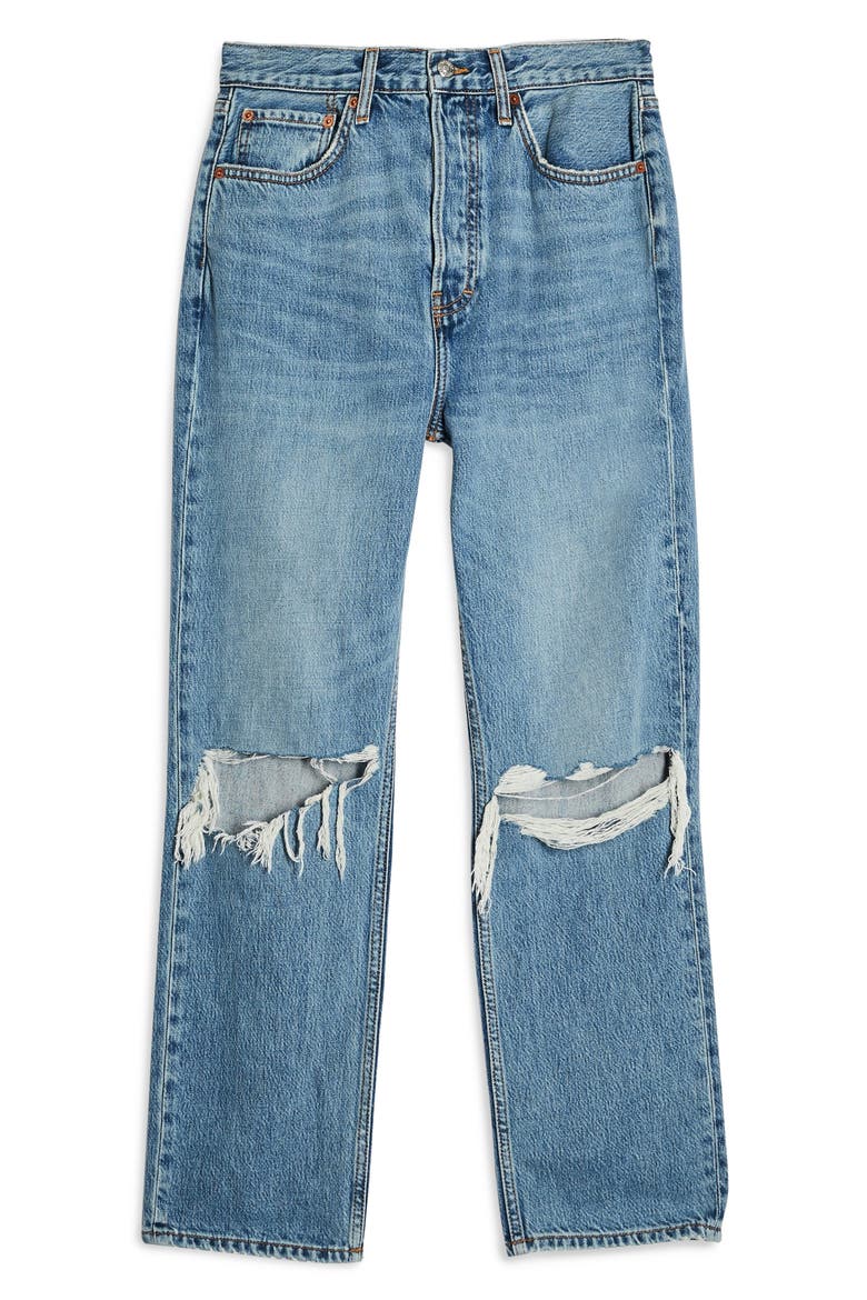 Ripped High Waist Dad Jeans, Alternate, color, MID DENIM