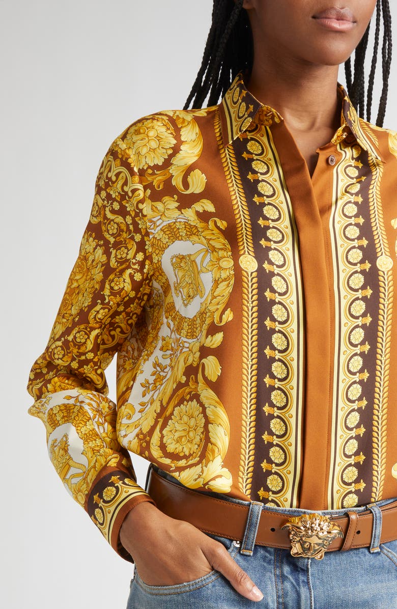Versace Barocco 92 Silk Twill Button-Up Shirt, Alternate, color, Dark Brown Spice