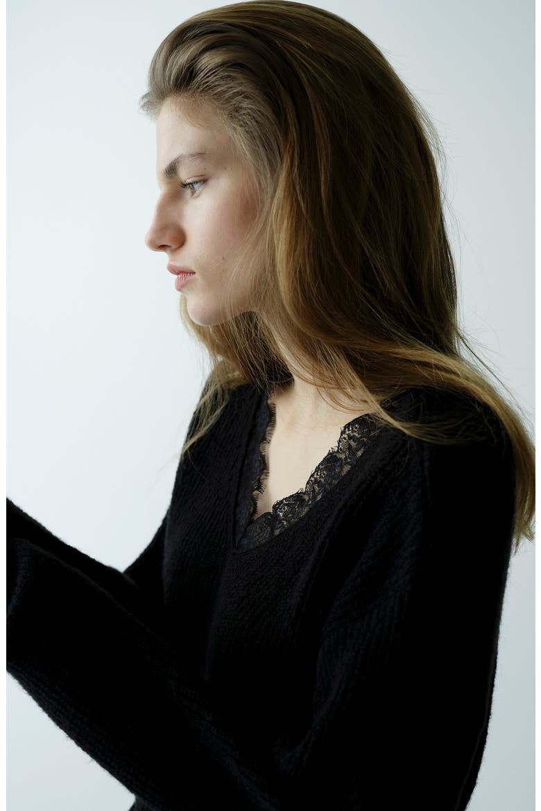 Lace Trim Rib Sweater, Alternate, color, BLACK