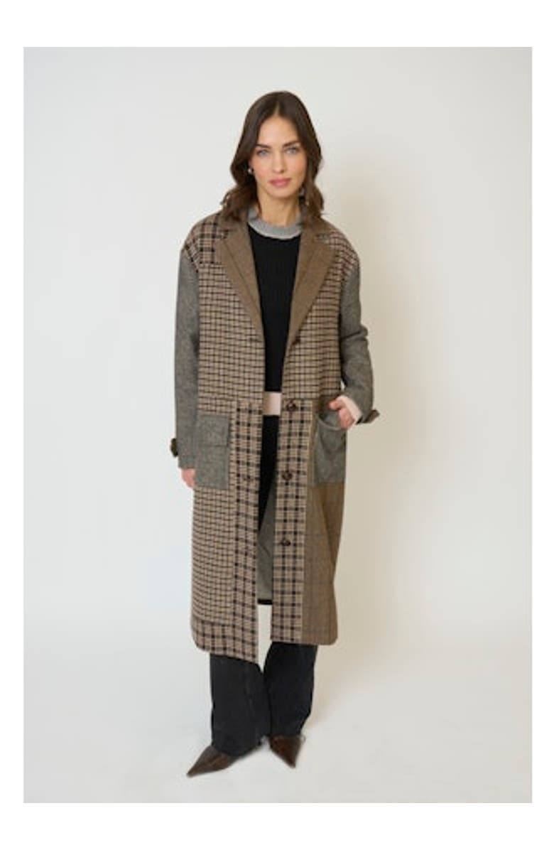 Central Park West Raven Patchwork Long Coat, Main, color, Brown