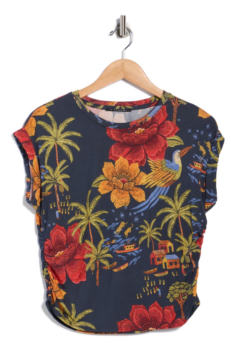 Cuffed Short Sleeve Ruched T-Shirt, Alternate, color, TROPICAL BLOOM PRINT