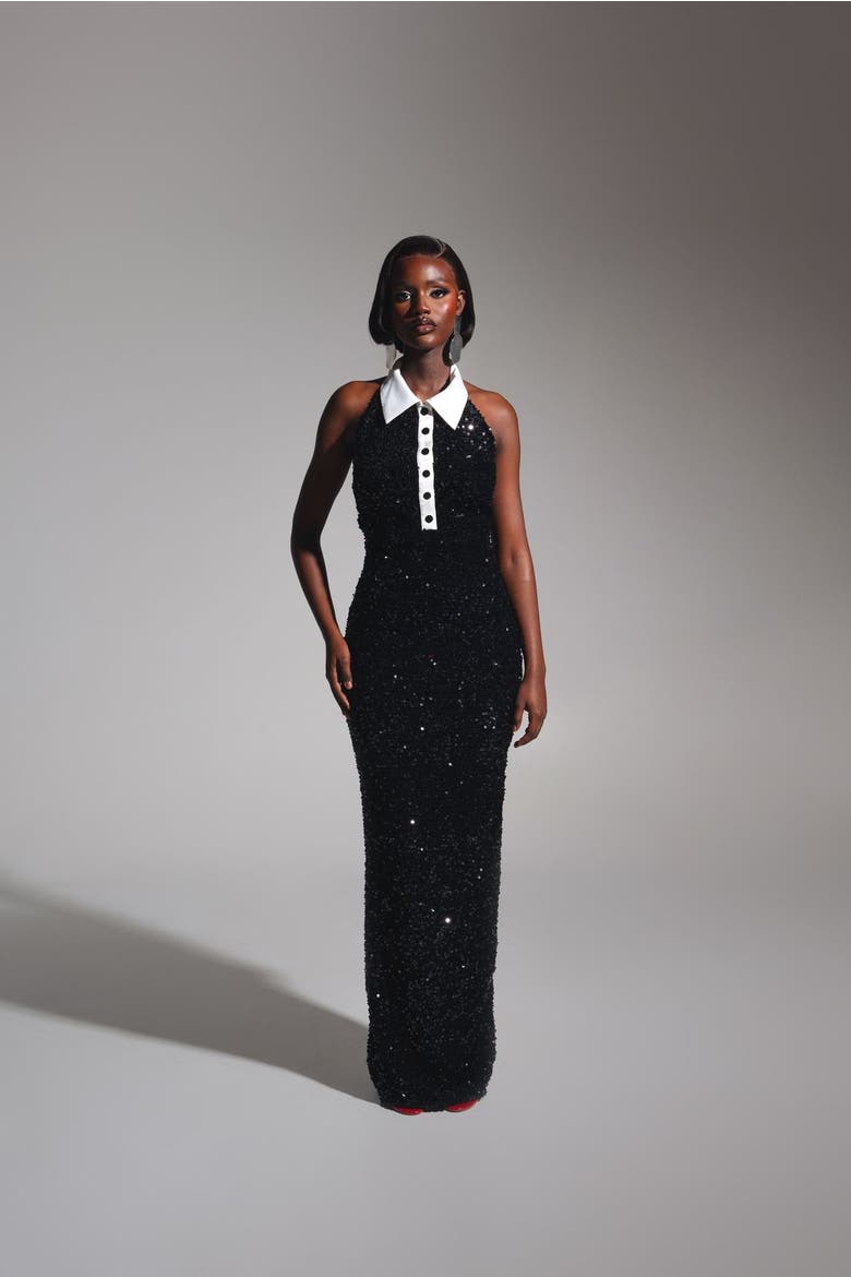 Ria Halter Sequin Maxi Dress, Alternate, color, Black