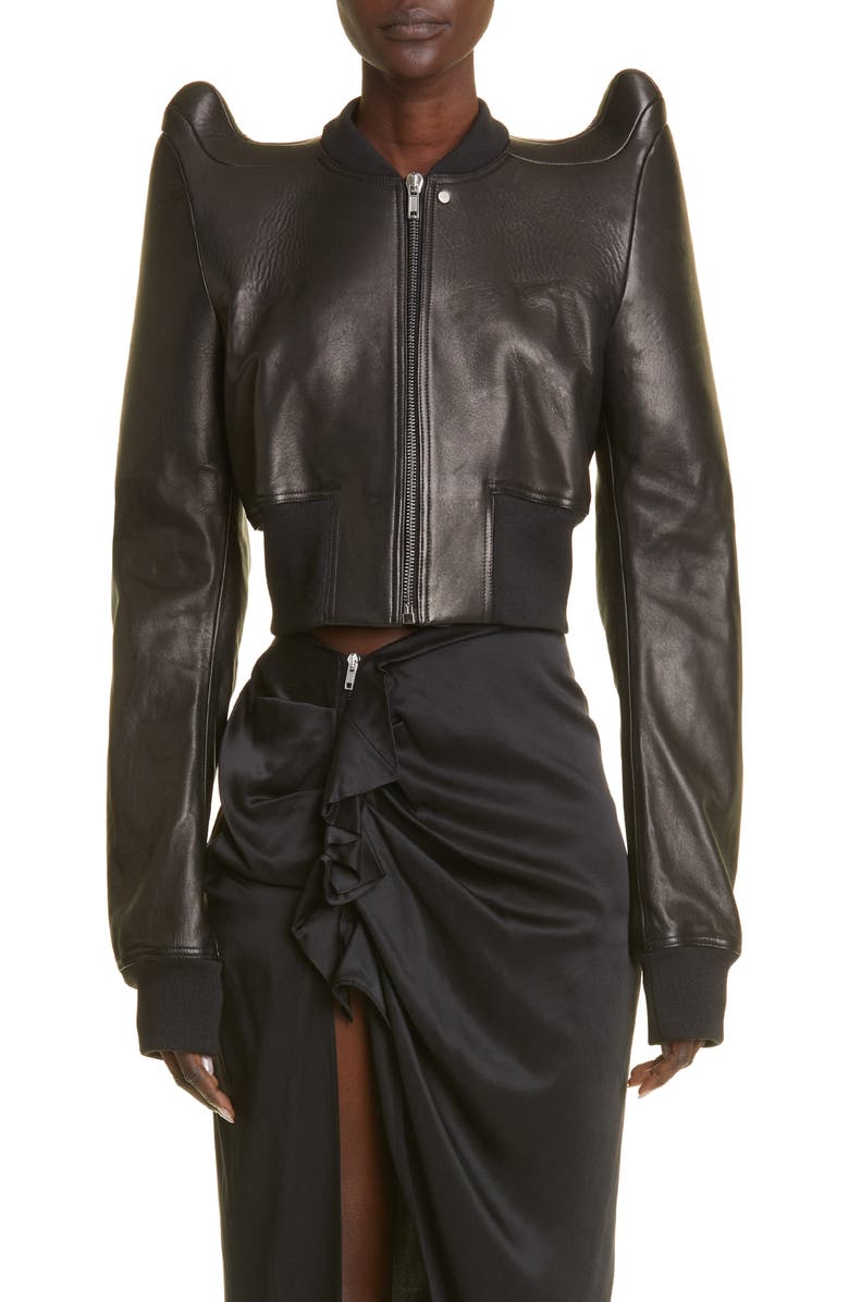 Rick Owens High Shoulder Crop Leather Bomber Jacket, Main, color, 