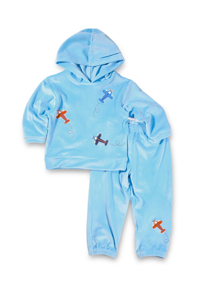 Florence Eiseman Velour Hoodie With Airplanes, Alternate, color, Light Blue
