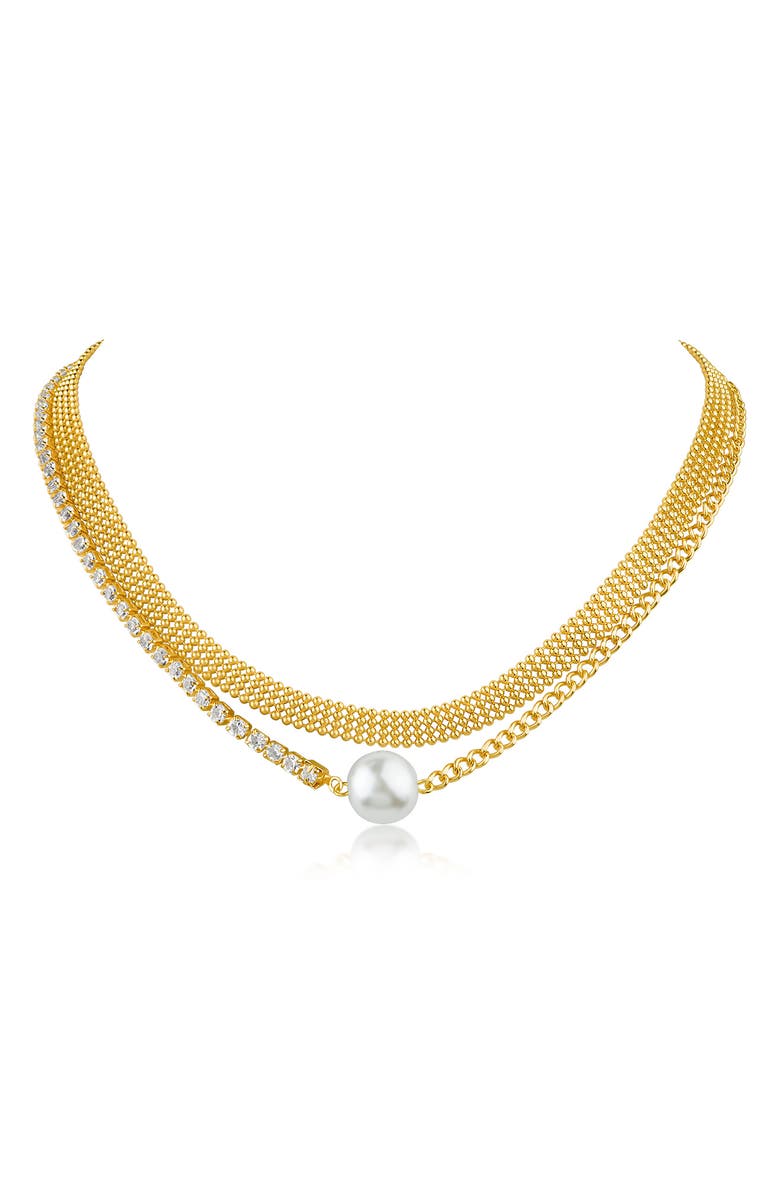 CZ by Kenneth Jay Lane Faux Pearl & CZ Curb Chain Necklace, Main, color,