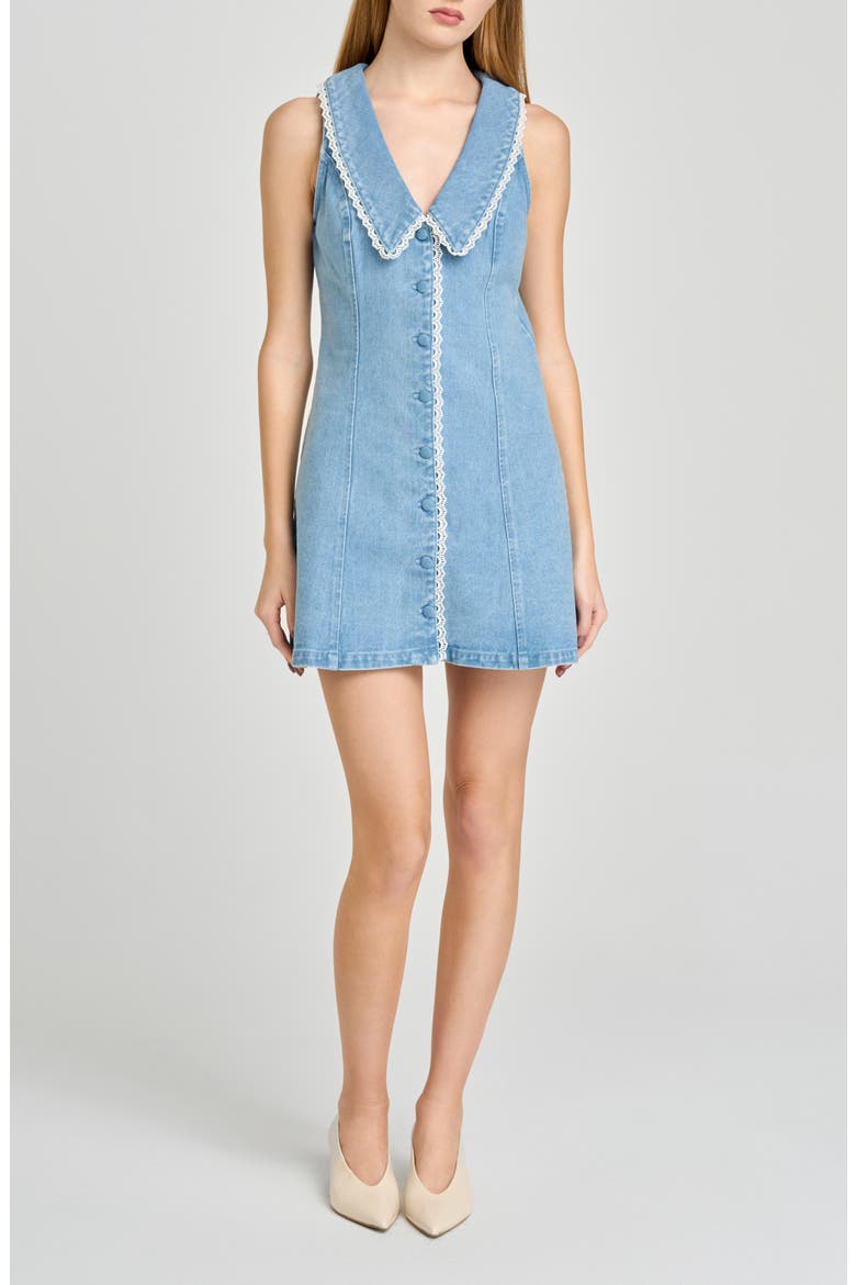 Betsy Lace Trim Sleeveless Denim Minidress, Main, color, MED WASH