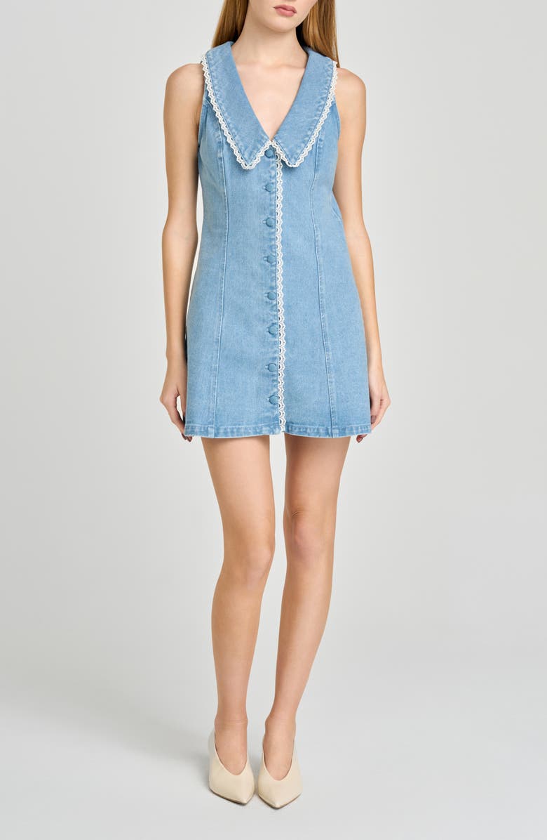 WAYF Betsy Lace Trim Sleeveless Denim Minidress, Main, color, Med Wash