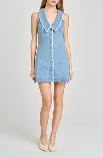 Wayf Betsy Lace Trim Sleeveless Denim Minidress In Med Wash