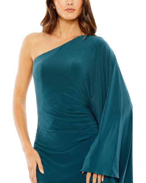 Mac Duggal One Shoulder Cape Sleeve Ruched Detail Jersey Gown