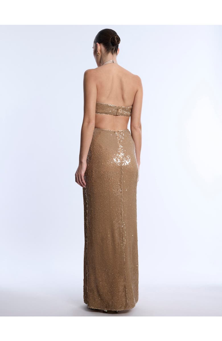 BCBGMAXAZRIA Sequin Cutout Halter Gown, Alternate, color, Almond