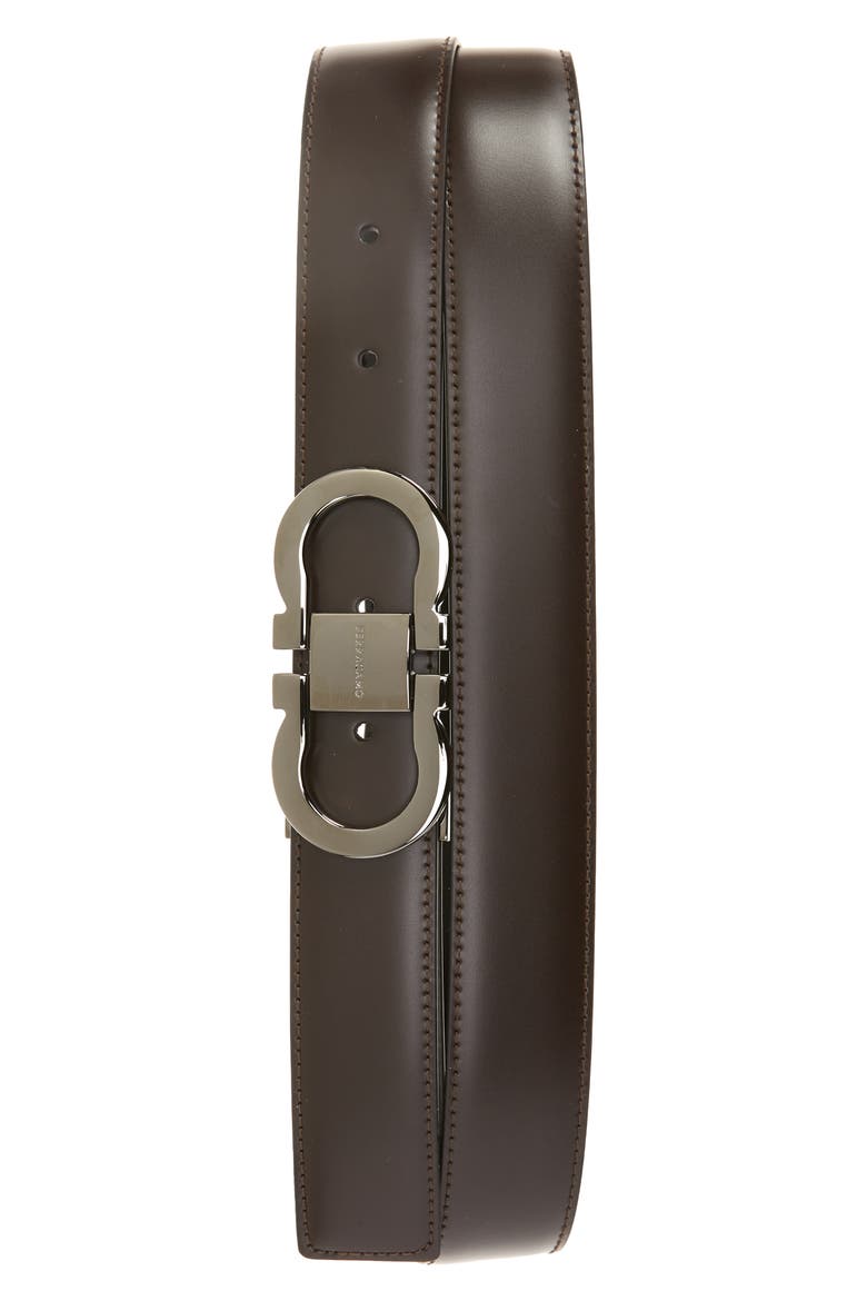 Double Gancio Calfskin Leather Belt, Main, color, HICKORY NERO