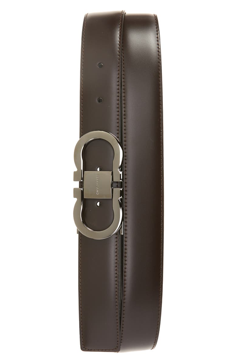 FERRAGAMO Double Gancio Calfskin Leather Belt, Main, color, Hickory Nero