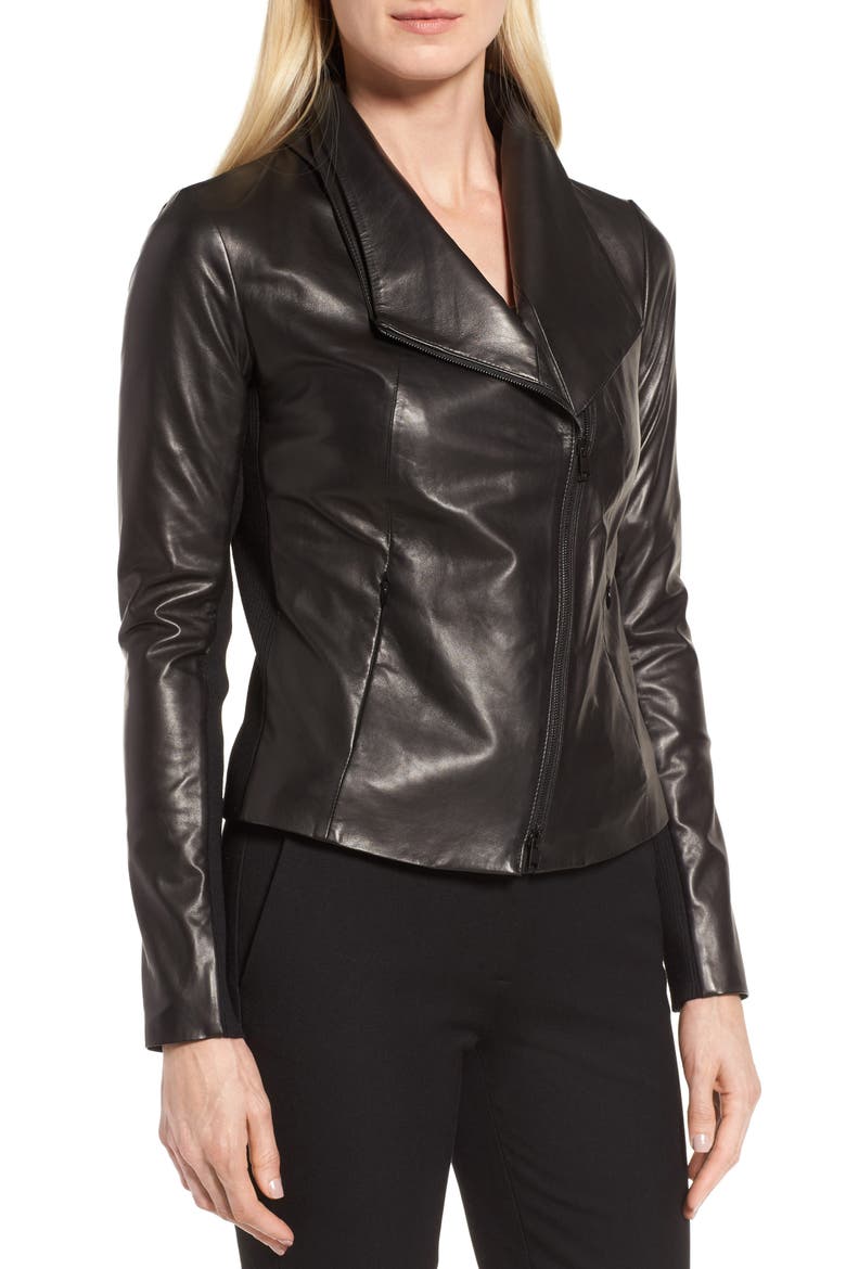 Stand Collar Leather Jacket, Alternate, color, BLACK