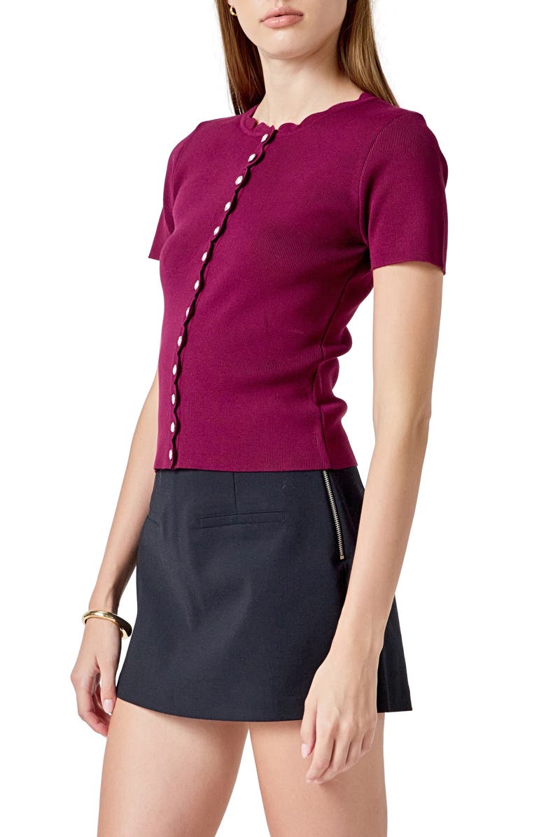 Endless Rose Scallop Accent Button Front Knit Top, Alternate, color, Plum