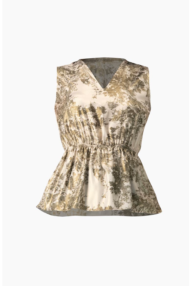 Sleeveless Peplum Blouse in Abstract Botanical Print, Alternate, color, Olive Green