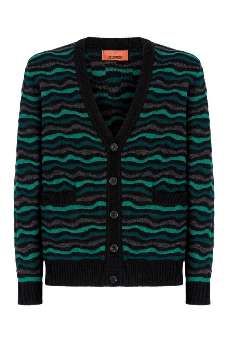 Cardigan In Pure Wool With Wave Stitch, Alternate, color, Green
