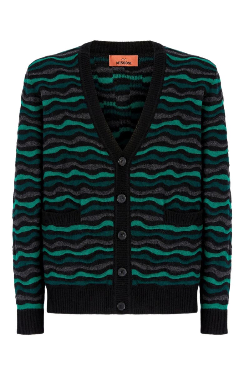 Missoni Cardigan In Pure Wool With Wave Stitch, Alternate, color, Green